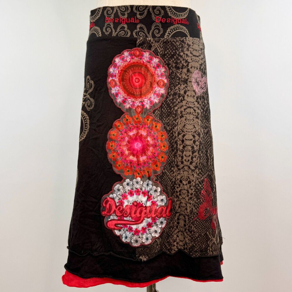 Desigual 2000s Black/Pink Midi Abstract Floral A-Line Skirt Boho Euro Size XL